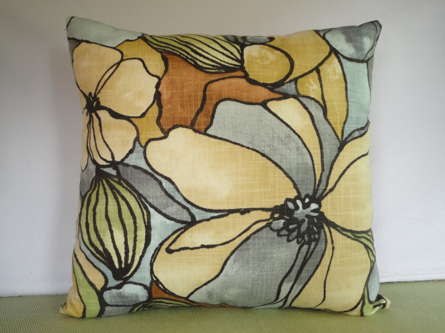 Large Flower Print Pillow Cover in Gold Blue by JRsPillowsandBags