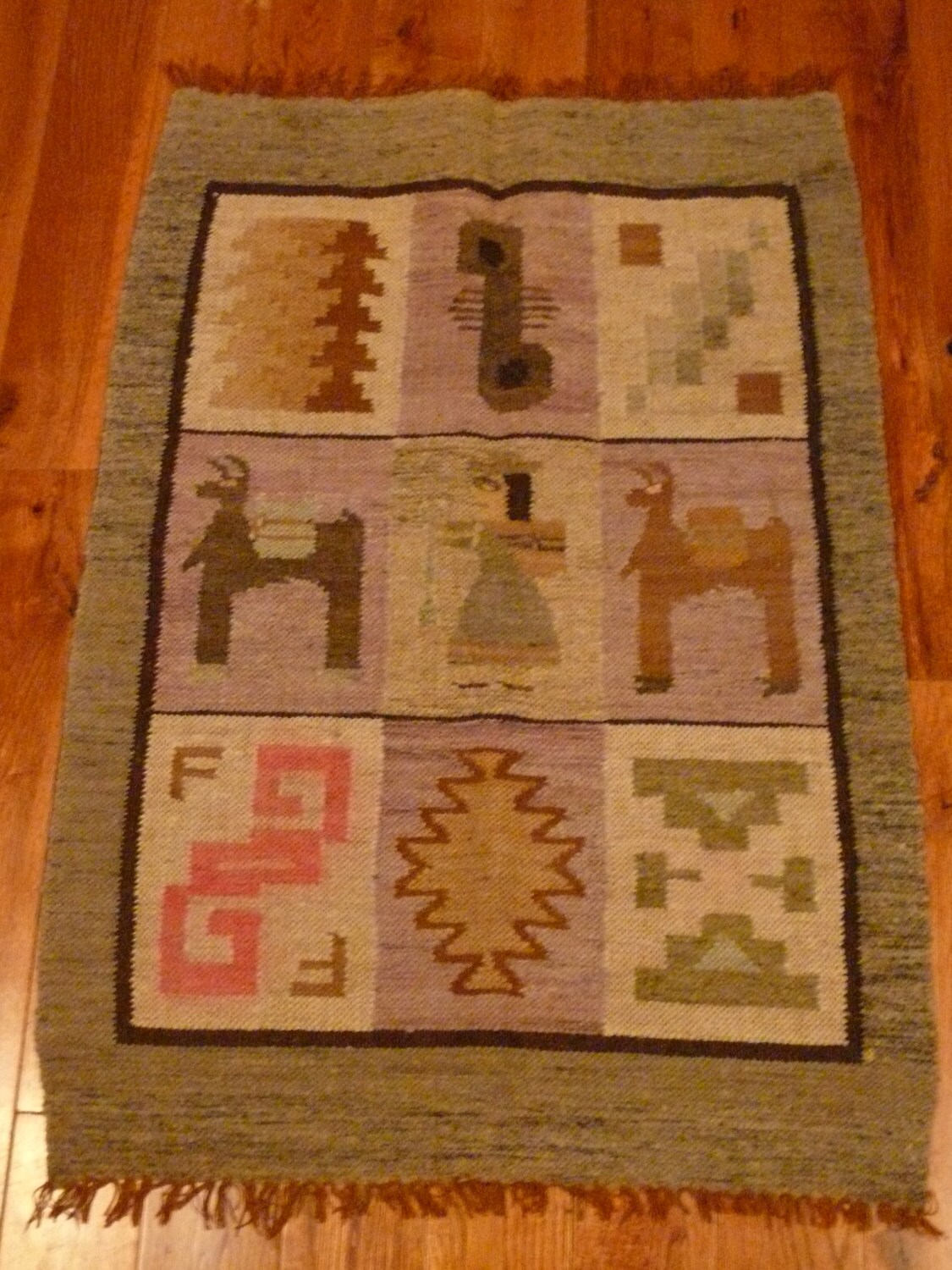 Vintage Peruvian Wall Hanging or Rug Featuring Llamas