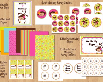 Monkey Love Birthday Party Package, Monkey Birthday Party Invite & Printables, 1st Birthday Girl or Any Age, DIY Editable WORD Files and PDF