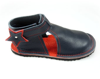 Handmade leather children's shoes, toddler shoes, sandals, navy and red kids shoes