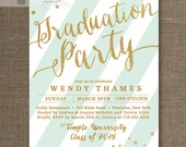 Gold & Mint Graduation Party Invitation Gold Glitter Mint Green White Stripes Modern High School College DIY Digital or Printed- Wendy Style Il_170x135