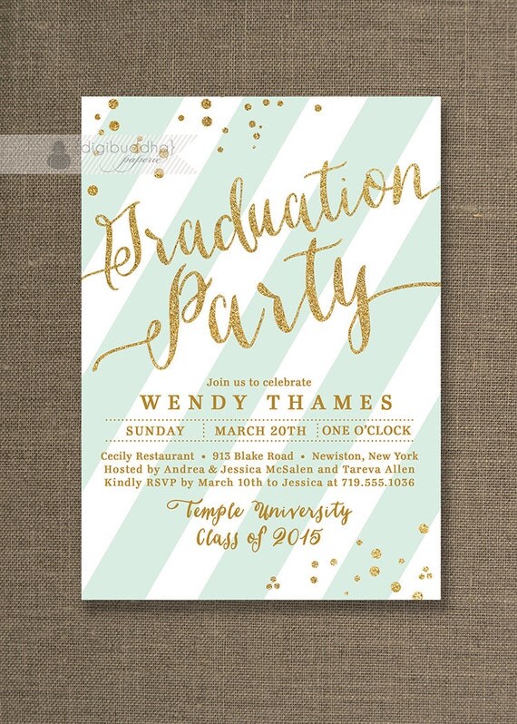 Gold & Mint Green Graduation Party Invitation Glitter White