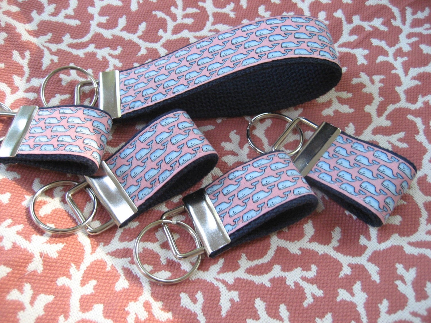 Preppy Pink inspired whale fabric Keychain Keyfob Wristlet