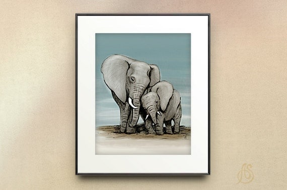 Elephant nursery art print // Mom and baby // wall art // 8x10