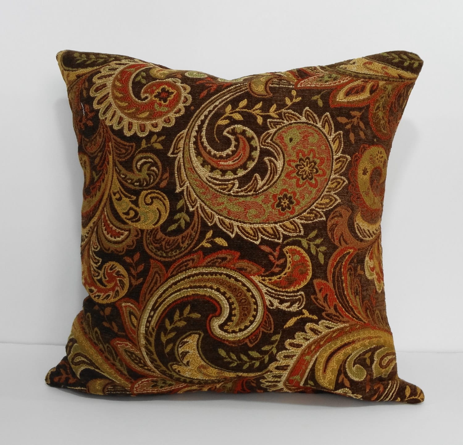 Decorative Chenille Paisley Pillow Cover Brown Gold Orange