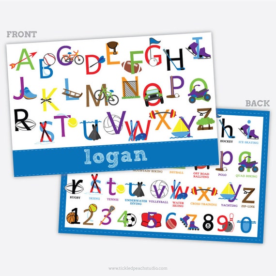 Personalized Childrens Placemat - Sports Alphabet Boy - laminated, double-sided Il_570xn