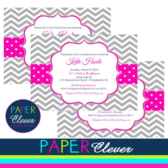 Bridal Shower Invitation, preppy, hot pink, grey, chevron stripe - digital file, printable #7017 Il_570xn