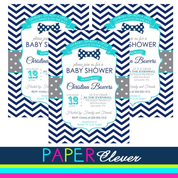Boys baby shower invitation - retro bowtie, gray, navy, aqua - digital file, printed invitations #2367890 Il_570xn