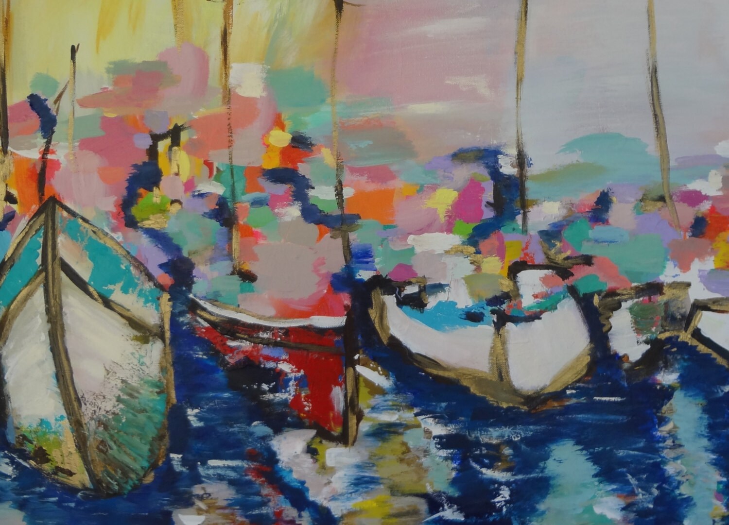 Nautical Abstract Painting Art Red Navy Blue Turquoise Yellow