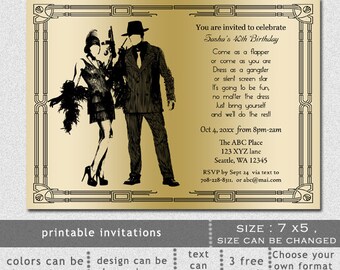 Printable Gold Black Art Deco Retro Roaring 20 S Birthday Party Invitation Template Roaring 20s Invitation Template Free