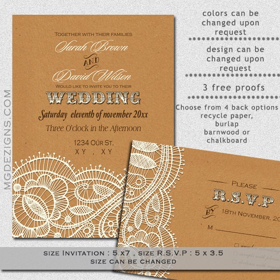 Printable rustic recycle paper back, ivory lace wedding Invitation