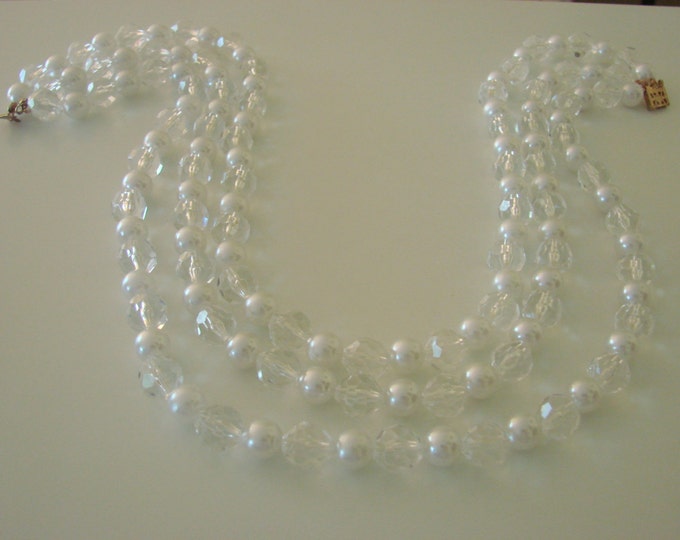 50s Vintage Bead Bib Necklace / Lucite / Crystal / Faux Pearl / Three Strands / Vintage Jewelry