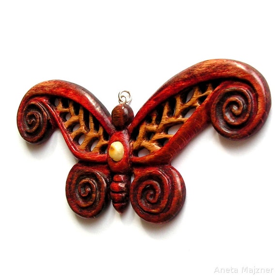 Butterfly hand carved wooden pendant with natural by