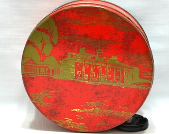 Vintage Cookie Tin Metal Decorative Red Gold Fruit Cake Bakers of America
