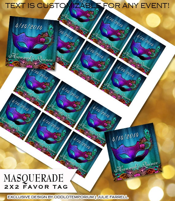 Masquerade Party Favors Masquerade Mask with peacock Feathers Square Tag Party favors DIY Digital Printable for any occasion Thank You Favor Il_570xn