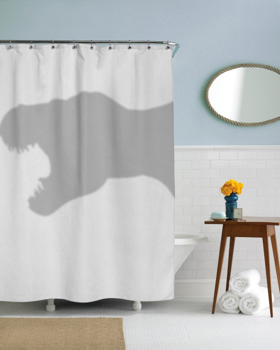 T-Rex Shower Curtain, dino, coolest bathroom you will ever see, jurrasic park, in this house we do geek, dorm decor, girls dorm, guys dorm