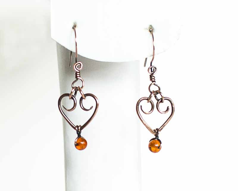 Copper Earrings Hearts ft. Amber Beads Heart Earrings by Spoon37