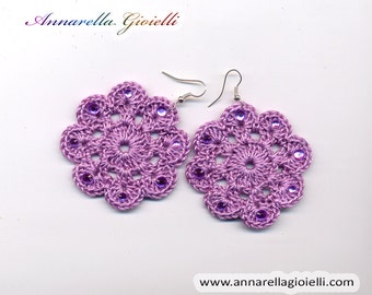 Crochet earrings #E191, lilac, flower, handmade, shimmer, golden, thread, cotton, modern style