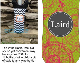 Custom Printed Wine Bottle Tote with Green/Pink Grunge Design & Personalization