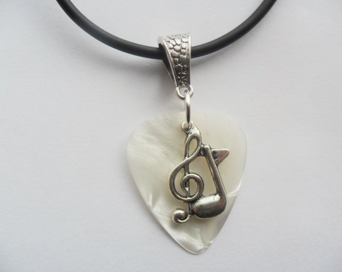 White Guitar pick necklace with treble clef music note charm