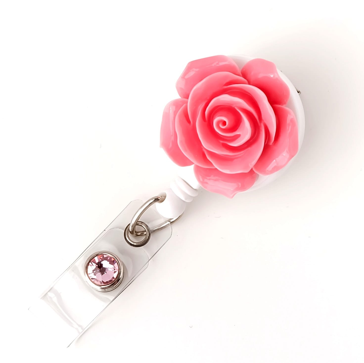 Full Bloom Pink Rose Retractable ID Badge Holder Flower