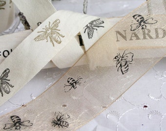 Bee Print Ribbon, Cotton or Chiffon Ribbon, Bumble Bee Ribbon, By the Metre, Cotton, Primitive
