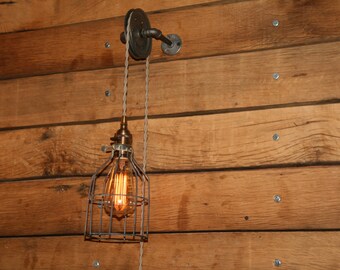 Pulley Wall Mount Light - Industrial Wall Sconce - Pendant Light on Aged Pulley Mount