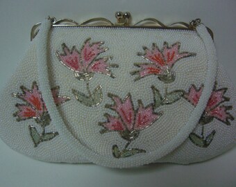 RESERVED FOR MHOP0305 Bridal handbag, white and pink floral beaded evening handbag,1960s vintage Japanese