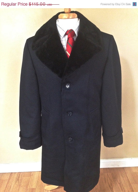 1970s Vintage Men's Coat Faux Fur Navy Wool Retro by cuffNroll