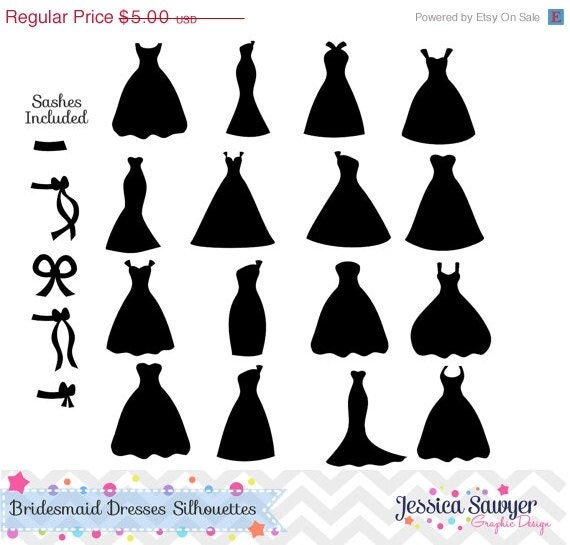 50% OFF - INSTANT DOWNLOAD, bridesmaid dresses silhouettes clipart, silhouette clipart, for greeting cards, announcements, scrapbooking Il_570xn