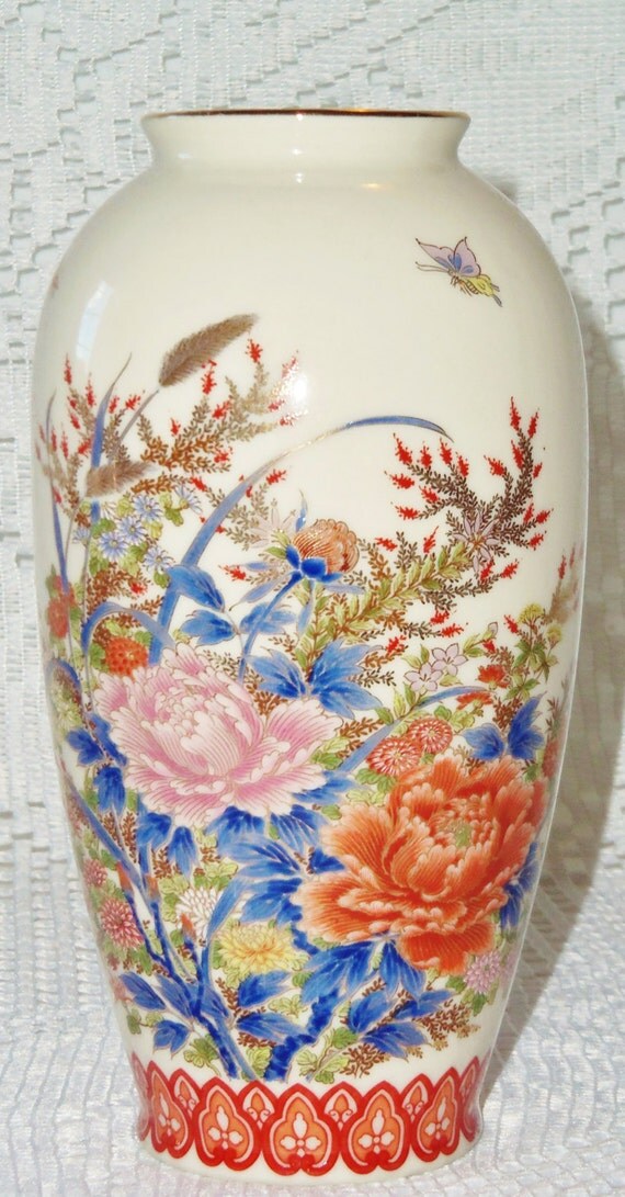 Vintage Shibata Japan Cream Color Vase with Cobalt Blue Pink