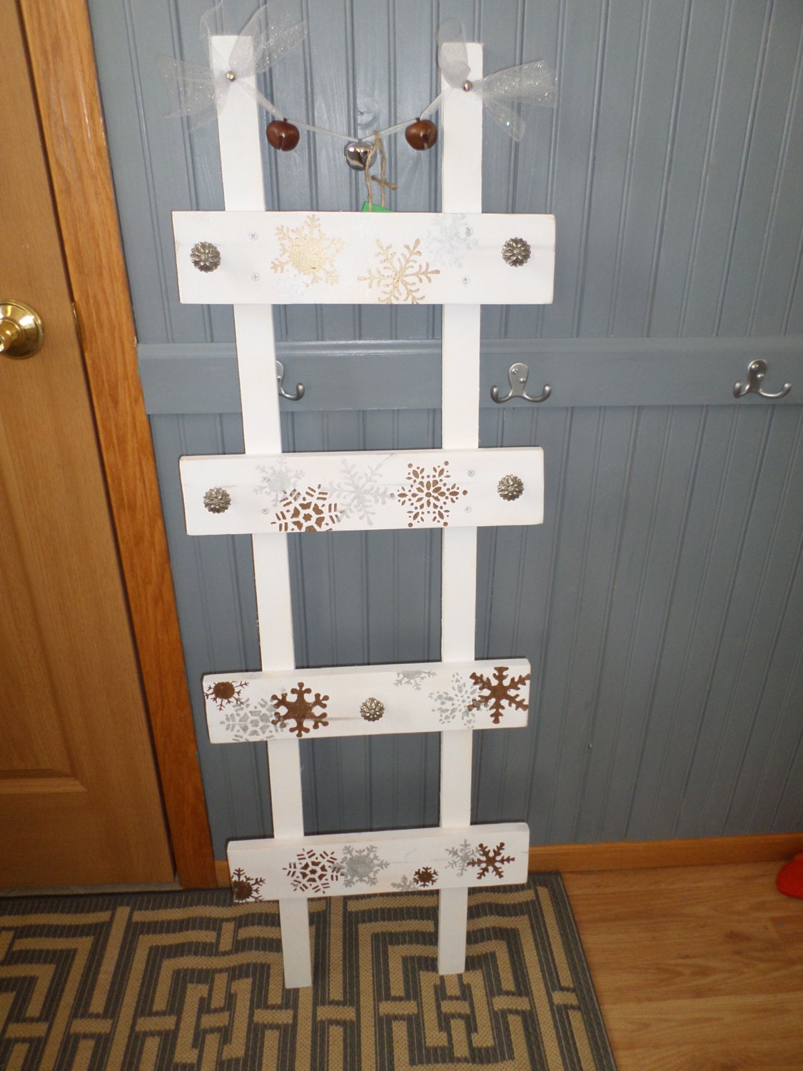 White Wood Stocking Holder Unique Ladder Rustic Shabby Chic