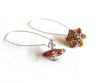 Orange and Grey Earrings, Bead Earrings, Dangling Geometric Earrings, Beadwoven Earings, Large Silver Hook, Small Hexagon Earrings