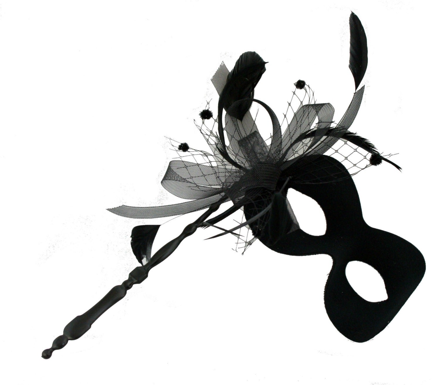 Gothic black masquerade mask on a stick so it can be worn with