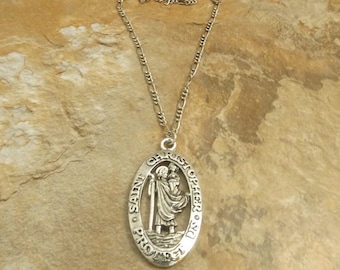 Bright Pewter St Christopher Pendant on a Figaro Chain Necklace-3570