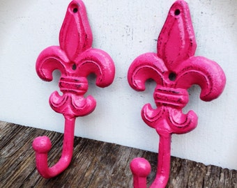 BOLD fleur de lis wall hooks // Bubblegum hot pink // towel coat robe hook // hand painted cast iron