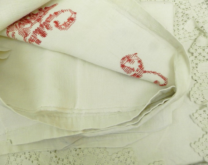 Large Antique French Hand Embroidered Monogram Red Cross Stitch M F on Large Cotton Metis Cloth/ Shabby Chic/ Home Interior / French Country Large Antique French Hand Embroidered Monogram Red Cross Stitch M F on Large Cotton Metis Cloth/ Shabby Chic/ Home Interior / French Country