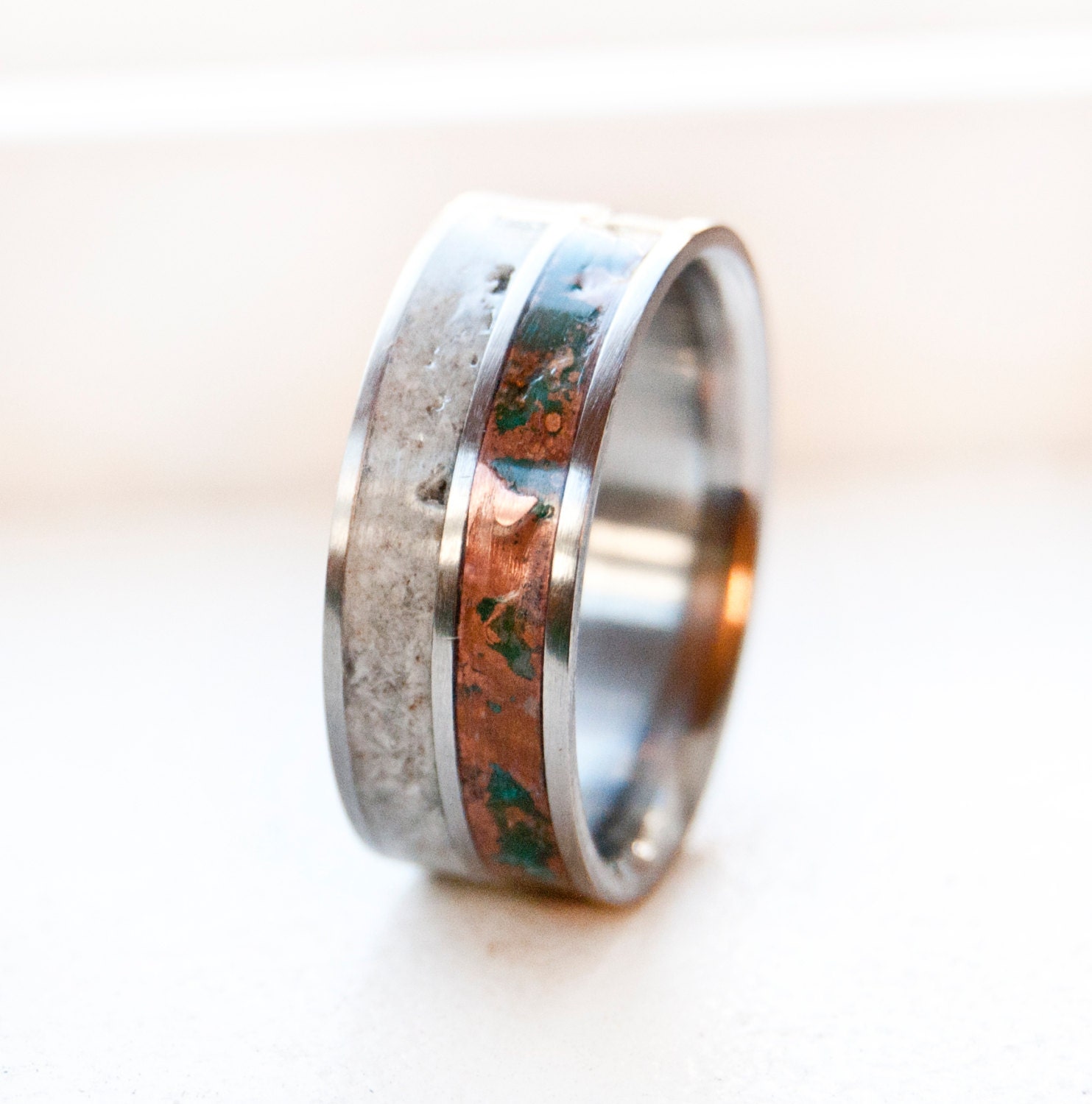 Mens Wedding Band Patina Copper and Antler Wedding Ring