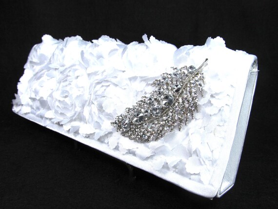 White Rosette  Rhinestone Bridal Clutch, Wedding Purse
