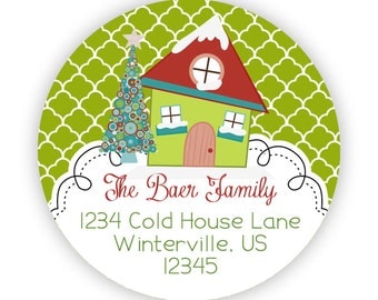 Christmas Address Labels - Lime Green Quatrefoil, Silly Winter Snow House Personalized Address Label Stickers - 20 Holiday Address Stickers