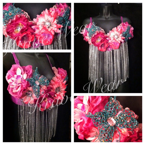 Fiber Optic Floral Fringe Rave Bra Set