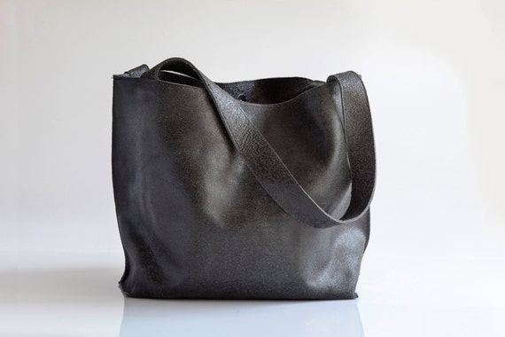 Distressed Black Leather Tote Bag Soft Leather Bag Zipper
