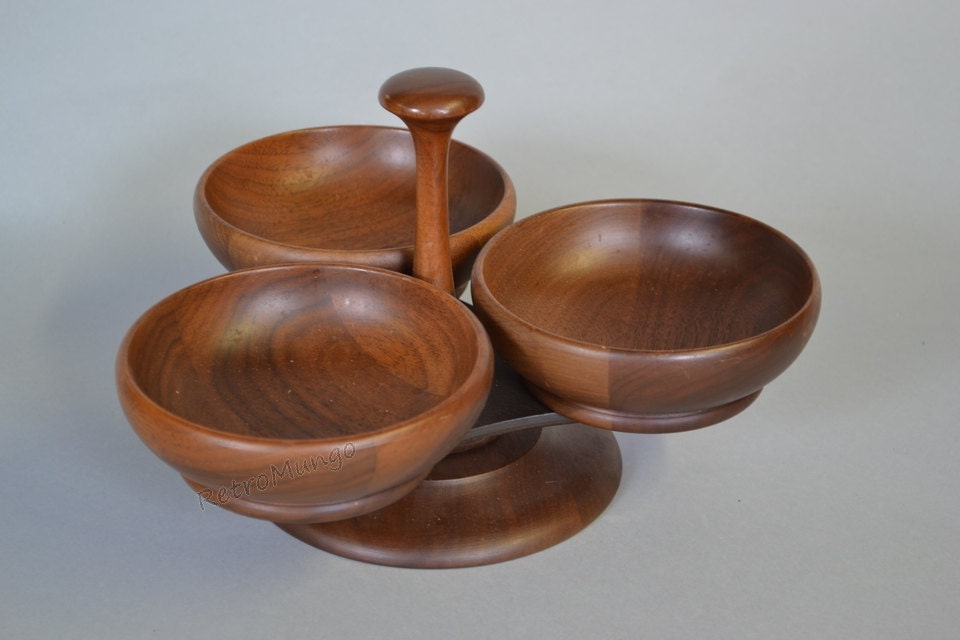 Vintage Lazy Susan triple bowl serving set Handmade