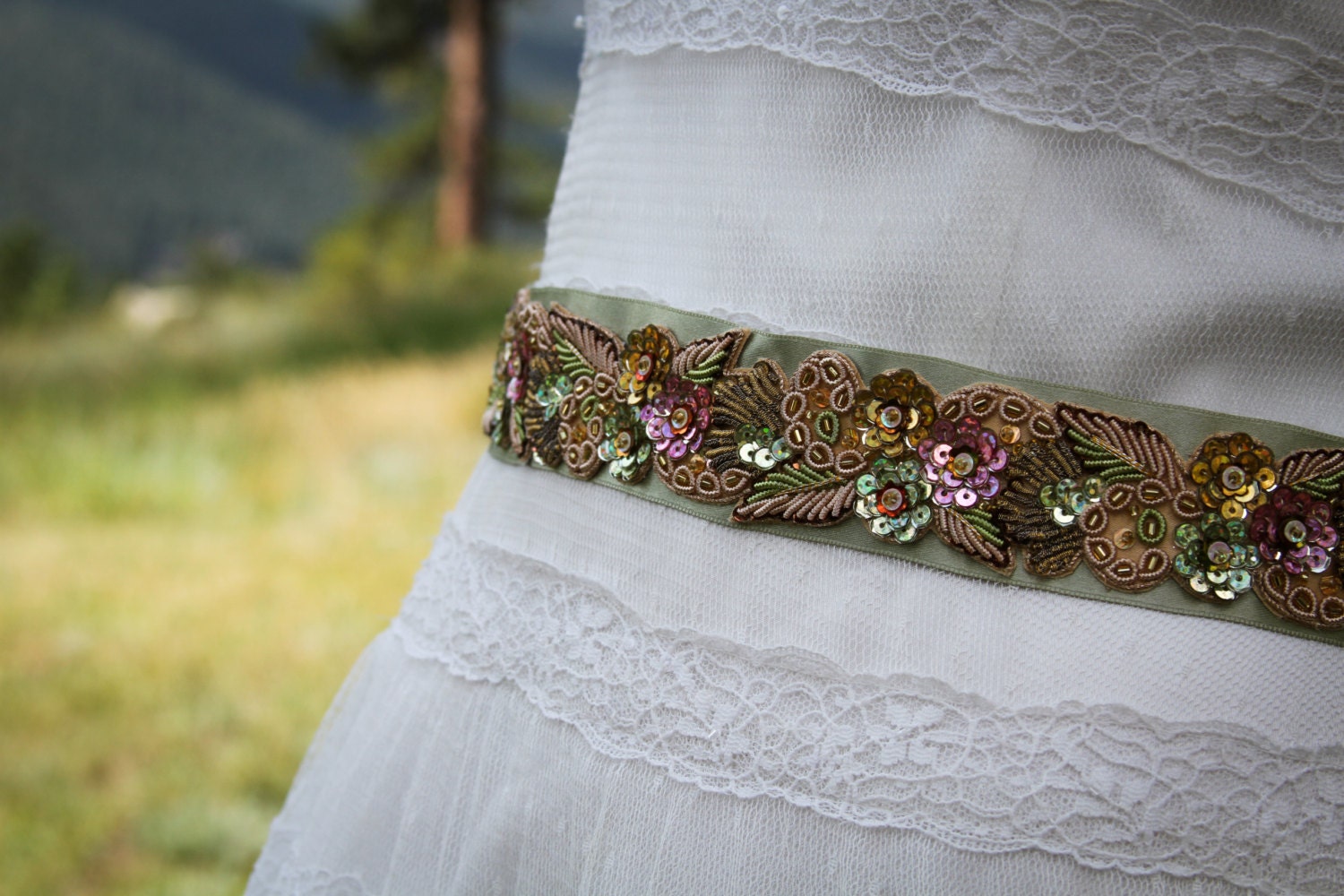 Bridal SashWedding Sash in Moss Green With Gold by AGoddessDivine