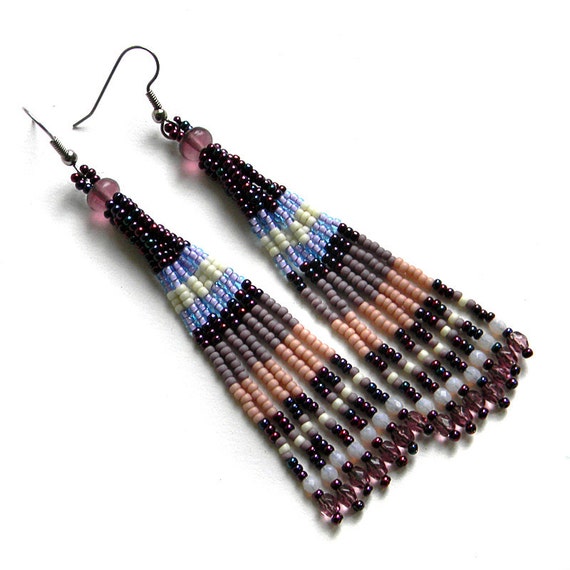 Long purple / violet seed bead earrings tassel by