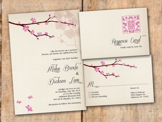 Wedding Invitation and RSVP Card Suite - Rustic Asian Chinese Wedding Pink Sakura Spring Flowers Personalized DIY Printable