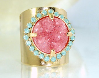Mothers Day Gift, Pink Stone Ring, Druzy, Mom, Druzy Ring, Cocktail Ring, Wide Band Ring, Druzy Jewelry, Statement Ring By Inbal mishan.