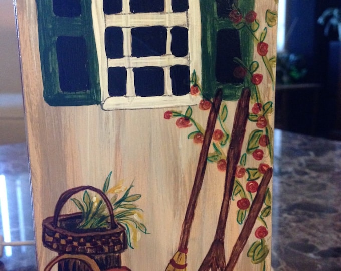 Wood Base Lamp - Burlap Shade - Garden Shed Scenes Painted all around