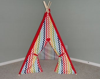 Kids Teepee in Rainbow Chevron with solid accents, Play Tent, Kids Fort, Tipi Wigwam