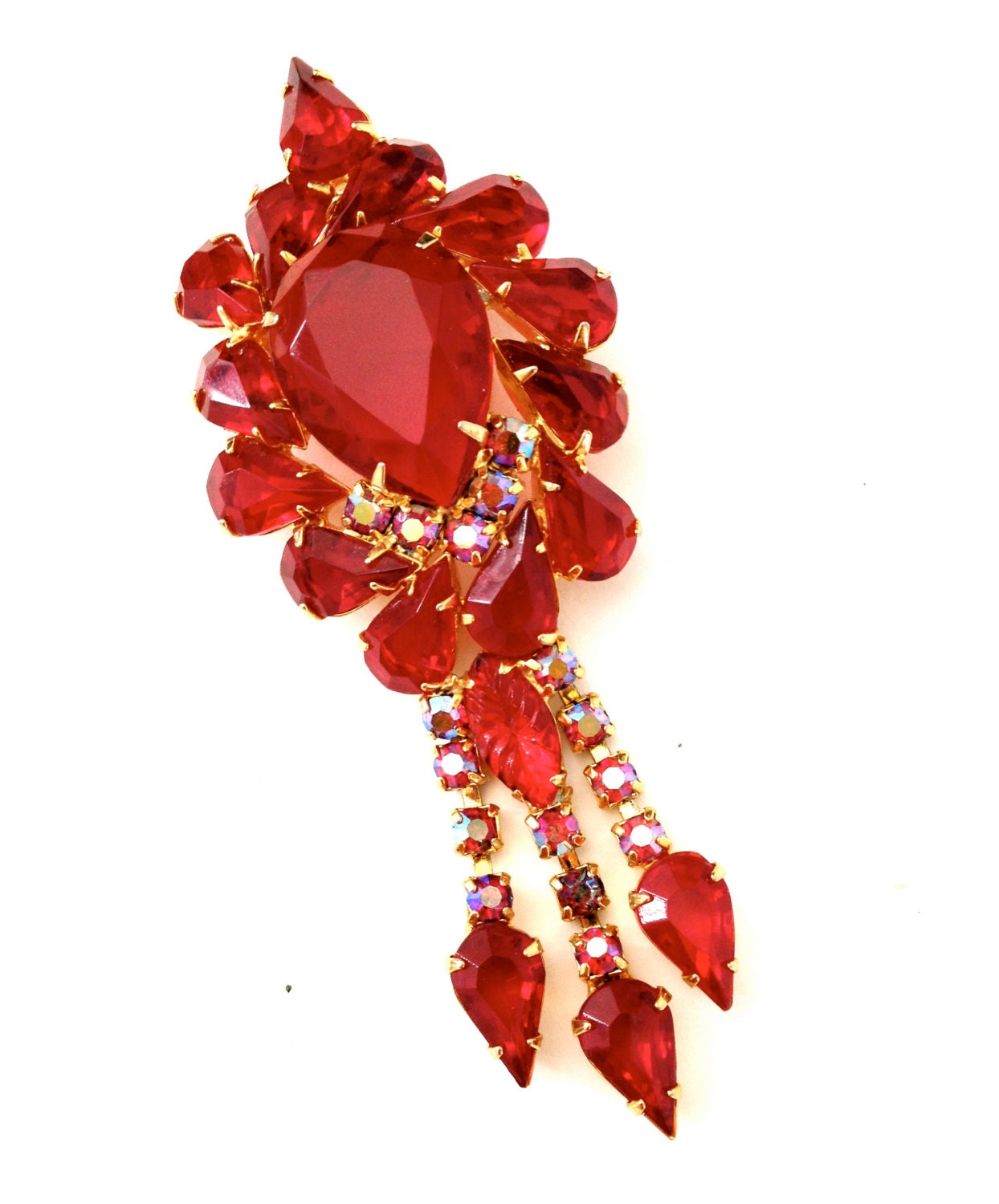 Red Rhinestone Brooch/Pendant Large Red Brooch by Vintageimagine